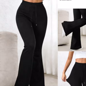Women's Black High Waisted Bell-bottom Pants 2026 Spring Drawstring Waist Stretchy Skin-friendly Breathable Casual Daily Trendy