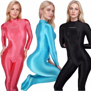 LEOHEX Women Satin Glossy Full Length Cosplay One Piece Zentai Bodysuits Fitness Long Sleeve Catsuits Stretch Overalls Jumpsuits