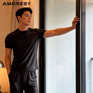AMORESY Satin glossy Men's short sleeved shorts silky tight fit high waisted yoga swimsuit set smooth pants home wear