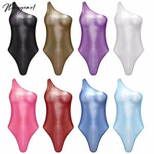 Womens Sheer Mesh Bodysuit One Shoulder Sleeveless Crotchless One Piece Leotard Swimwear See Through T-shirt Bikini Swimsuits