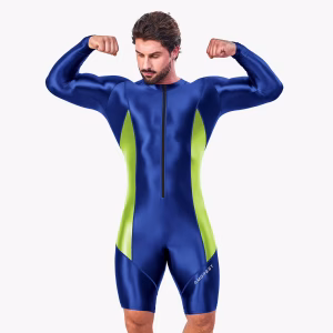 AMORESY Atticus Series Front Zipper Long-sleeved Spandex Sports Tight Color-blocked Five-quarter Pants Jumpsuit Fitness Swimwear