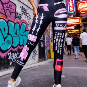 Spring/Summer Polyester Satin Tight Underpants With Digital Printing Big Lips Fine Sparkle Luster Mid-Cut Pants For Women