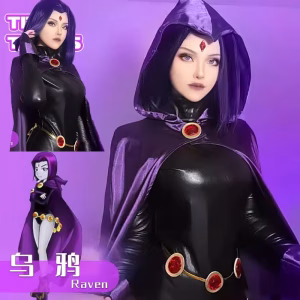 Teen Titan's Raven Female Cosplay Outfit: Black Bodysuit with Purple Hooded Cape for Adults - Halloween Party Gear