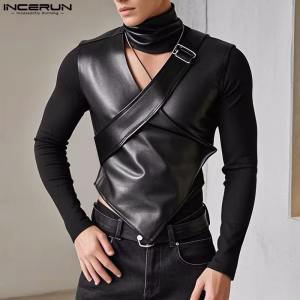 INCERUN Tops 2025 American Style Fashion Men's Faux Leather Design Hollow T-shirts Casual Sexy Male Solid Long Sleeved Camiseta