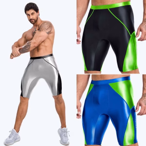 AMORESY Men's Casual Fitness Satin Glossy Pants Five Quarter Shorts for Cycling Wrestling Leggings
