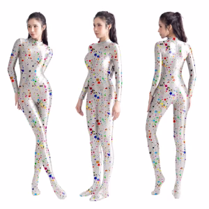 AMORESY Women's Shiny Glossy Printed Catsuit Jumpsuit One Piece Slim Fit Elastic Zentai Playsuit Overall Swimwear