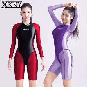 AMORESY Satin Glossy long sleeved sports bodysuit with color blocked five quarter pants slim high stretch swimsuit