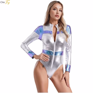 Galactic Glam Halloween Outfit: Women's Space Cadet Bodysuit with Shiny Metallic Details for Raves or Parties